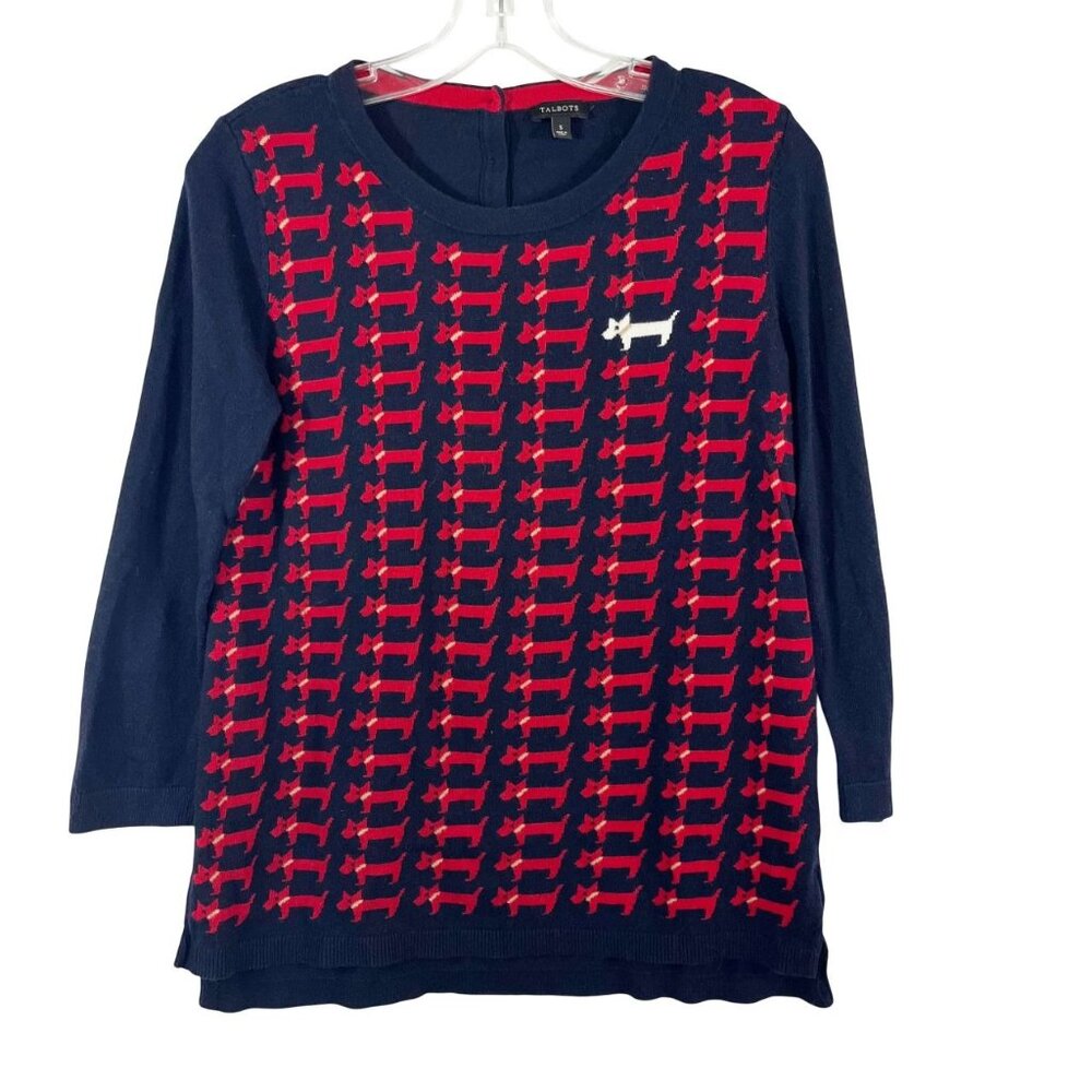 Talbots Navy Blue‎ & Red Dog Novelty Print Sweater - Size Small